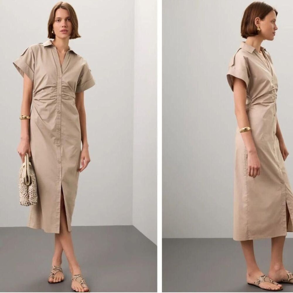 Saunders Collective Beige Ruched Shirt Dress